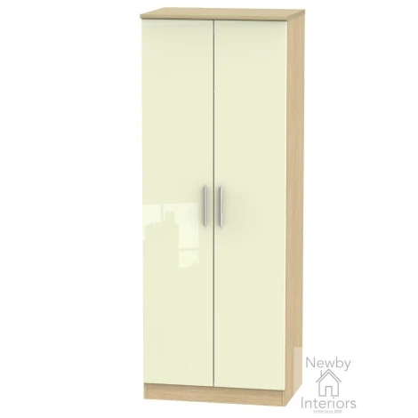 KNI080-CG-OK - Knightsbridge Cream Gloss & Oak 2 Door Double Tall Plain Wardrobe