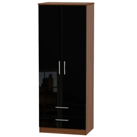 KNI081BN - Knightsbridge Black Gloss & Noche Walnut 2 Door 2 Drawer Double Tall Wardrobe