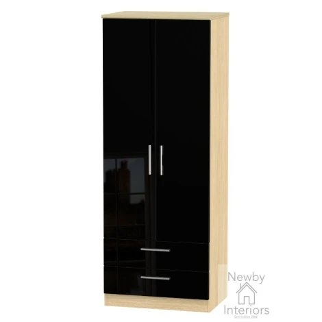 KNI081-BG-OK - Knightsbridge Black Gloss & Oak Base 2 Door 2 Drawer Double Tall Wardrobe