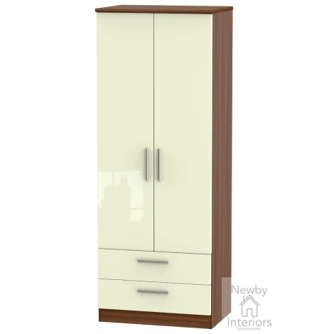 KNI081-CG-NW - Knightsbridge Cream Gloss & Noche Walnut 2 Door 2 Drawer Double Tall Wardrobe
