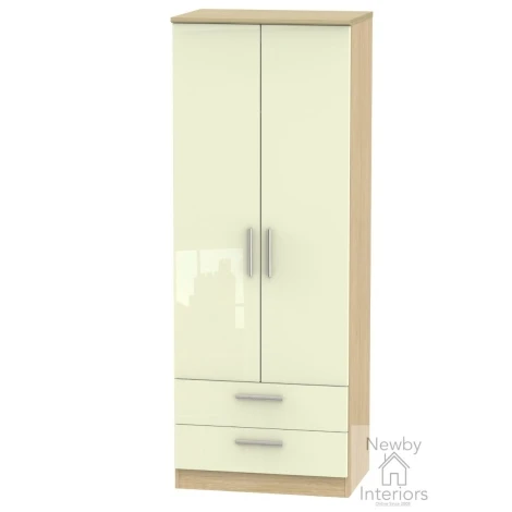 KNI081-CG-OK - Knightsbridge Cream Gloss & Oak 2 Door 2 Drawer Double Tall Wardrobe