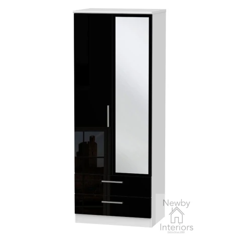 KNI082-BG-BW - Knightsbridge Black Gloss & White 2 Door 2 Drawer Tall Mirrored Wardrobe