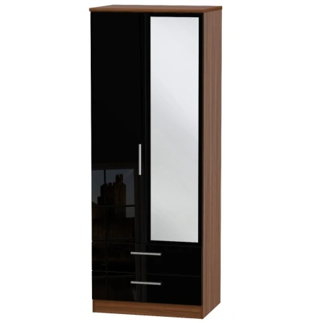 KNI082-BG-NW - Knightsbridge Black Gloss & Noche Walnut 2 Door 2 Drawer Tall Mirrored Wardrobe
