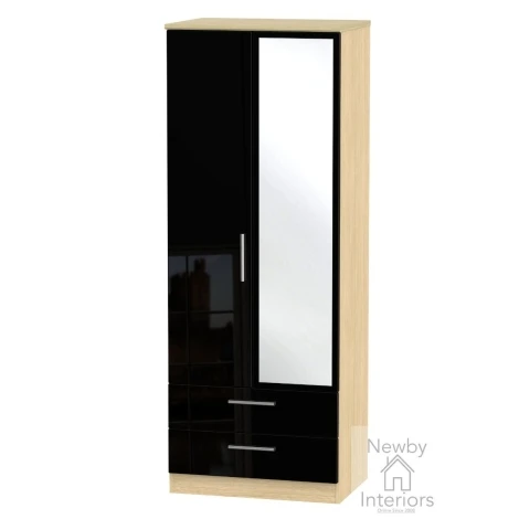 KNI082-BG-OK - Knightsbridge Black Gloss & Oak 2 Door 2 Drawer Tall Mirrored Wardrobe