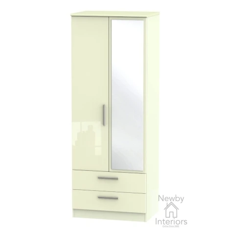 KNI082-CG-CM - Knightsbridge Cream Gloss 2 Door 2 Drawer Tall Mirrored Wardrobe