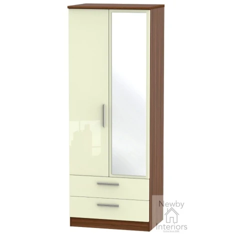 KNI082-CG-NW - Knightsbridge Cream Gloss & Noche Walnut 2 Door 2 Drawer Tall Mirrored Wardrobe