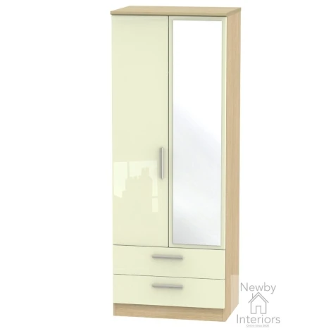 KNI082-CG-OK - Knightsbridge Cream Gloss & Oak 2 Door 2 Drawer Tall Mirrored Wardrobe