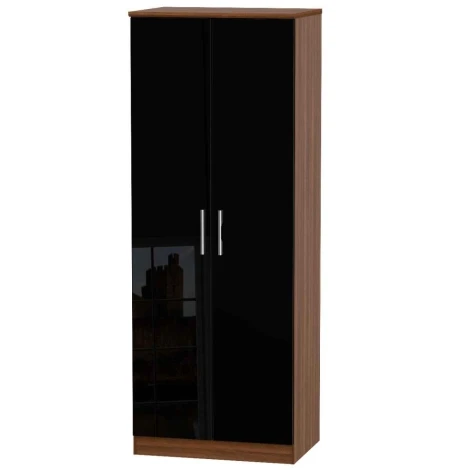 KNI085-BG-NW - Knightsbridge Black Gloss & Noche Walnut Tall 2ft6in Double Hanging Wardrobe
