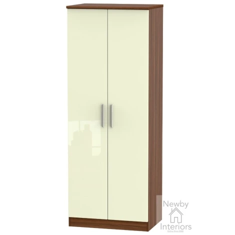 KNI085-CG-NW - Knightsbridge Cream Gloss & Noche Walnut Tall 2ft6in Double Hanging Wardrobe