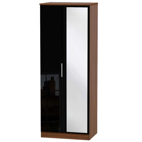 KNI087-BG-NW - Knightsbridge Black Gloss & Noche Walnut Tall 2ft6in Mirrored Wardrobe