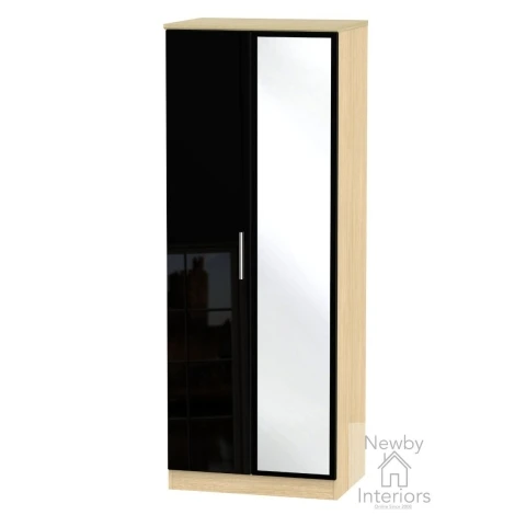 KNI087-BG-OK - Knightsbridge Black Gloss & Oak Tall 2ft6in Mirrored Wardrobe