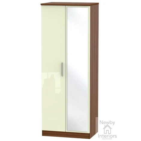 KNI087-CG-NW - Knightsbridge Cream Gloss & Noche Walnut Tall 2ft6in Mirrored Wardrobe