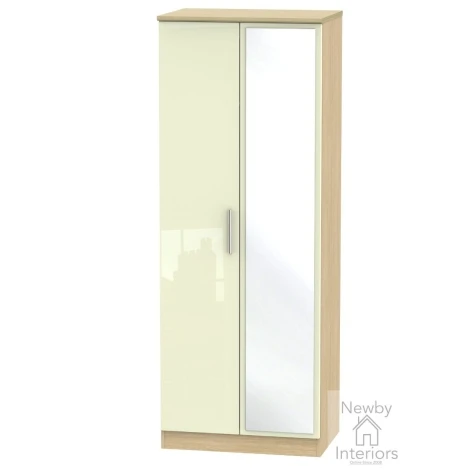 KNI087-CG-OK - Knightsbridge Cream Gloss & Oak Tall 2ft6in Mirrored Wardrobe