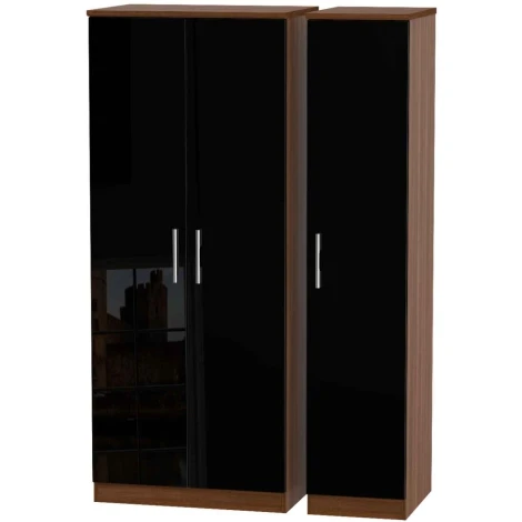KNI130-BG-NW - Knightsbridge Black Gloss & Noche Walnut 3 Door Triple Plain Wardrobe