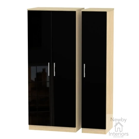 KNI130-BG-OK - Knightsbridge Black Gloss & Oak 3 Door Triple Plain Wardrobe