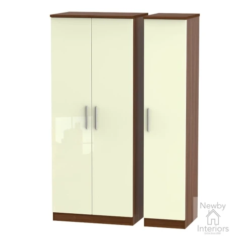 KNI130-CG-NW - Knightsbridge Cream Gloss & Noche Walnut 3 Door Triple Plain Wardrobe