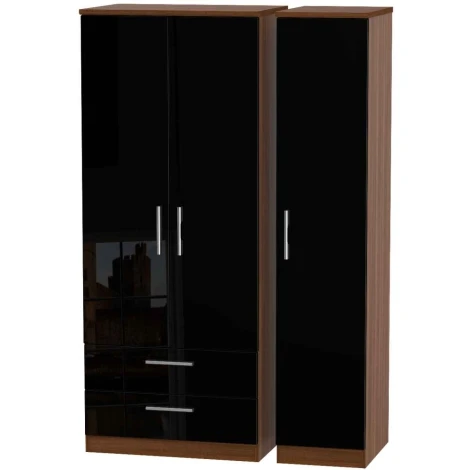 KNI131-BG-NW - Knightsbridge Black Gloss & Noche Walnut 3 Door 2 Drawer Triple Wardrobe