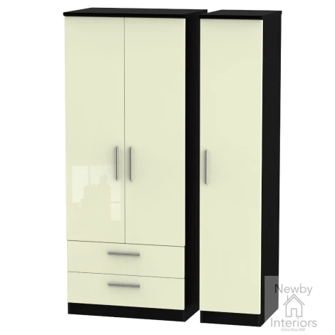 KNI131-CG-BM - Knightsbridge Cream Gloss & Black Matt 3 Door 2 Drawer Triple Wardrobe
