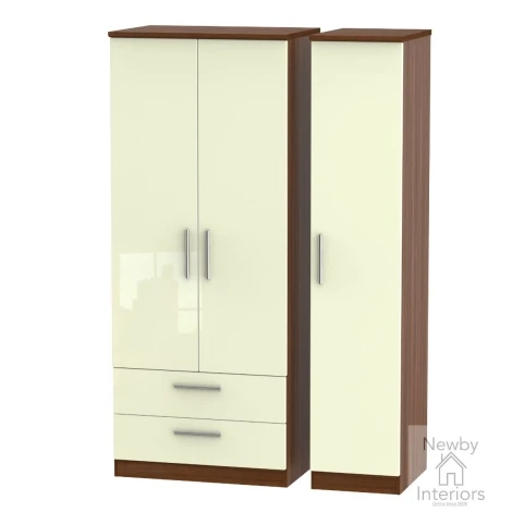 KNI131-CG-NW - Knightsbridge Cream Gloss & Noche Walnut 3 Door 2 Drawer Triple Wardrobe