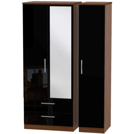 KNI132-BG-NW - Knightsbridge Black Gloss & Noche Walnut 3 Door 2 Drawer Triple Mirror Wardrobe
