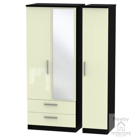 KNI132-CG-BM - Knightsbridge Cream Gloss & Black Matt 3 Door 2 Drawer Triple Mirror Wardrobe