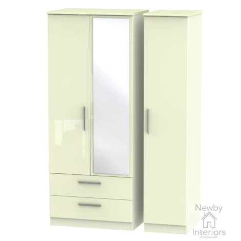 KNI132-CG-CM - Knightsbridge Cream Gloss 3 Door 2 Drawer Triple Mirror Wardrobe