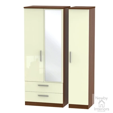 KNI132-CG-NW - Knightsbridge Cream Gloss & Noche Walnut 3 Door 2 Drawer Triple Mirror Wardrobe