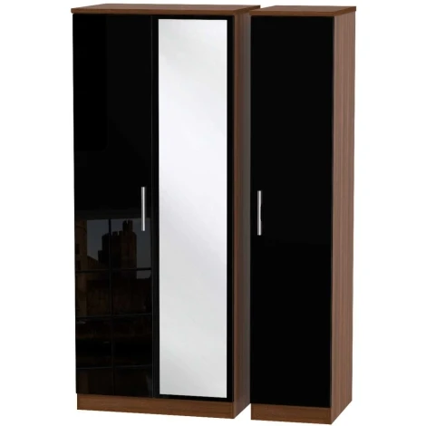 KNI137-BG-NW - Knightsbridge Black Gloss & Noche Walnut 3 Door Triple Mirror Wardrobe