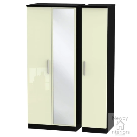 KNI137-CG-BM - Knightsbridge Cream Gloss & Black Matt 3 Door Triple Mirror Wardrobe