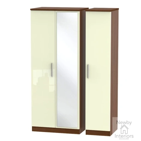 KNI137-CG-NW - Knightsbridge Cream Gloss & Noche Walnut 3 Door Triple Mirror Wardrobe