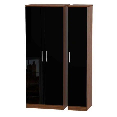KNI140-BG-NW - Knightsbridge Black Gloss & Noche Walnut 3 Door Triple Tall Plain Wardrobe