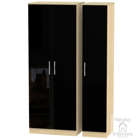 KNI140-BG-OK - Knightsbridge Black Gloss & Oak 3 Door Triple Tall Plain Wardrobe