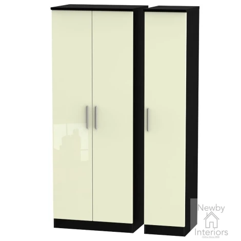 KNI140-CG-BM - Knightsbridge - 3 Door Triple Tall Plain Wardrobe - Cream Gloss Front and Black Matt Base
