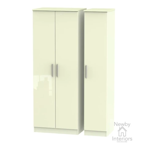 KNI140-CG-CM - Knightsbridge - 3 Door Triple Tall Plain Wardrobe - Cream Gloss Front and Matt Base