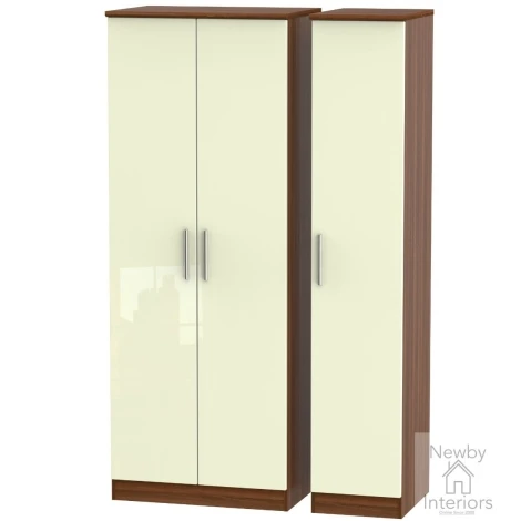 KNI140-CG-NW - Knightsbridge - 3 Door Triple Tall Plain Wardrobe - Cream Gloss Front and Noche Walnut Base