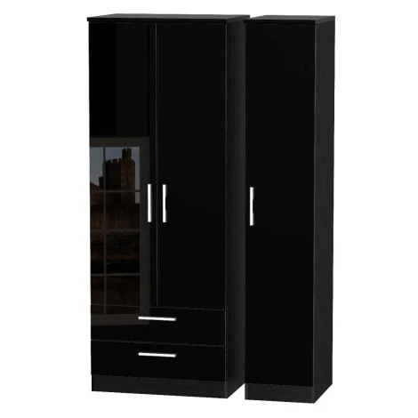 KNI141-BG-BM - Knightsbridge - 3 Door 2 Drawer Triple Tall Wardrobe - Black Gloss Front and Matt Base