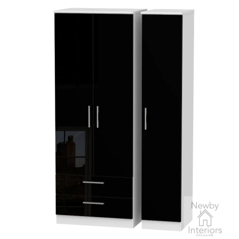 KNI141-BG-BW - Knightsbridge - 3 Door 2 Drawer Triple Tall Wardrobe - Black Gloss Front and White Base