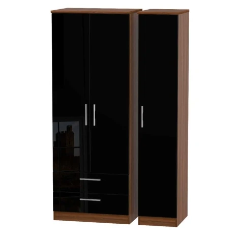 KNI141-BG-NW - Knightsbridge - 3 Door 2 Drawer Triple Tall Wardrobe - Black Gloss Front and Noche Walnut Base