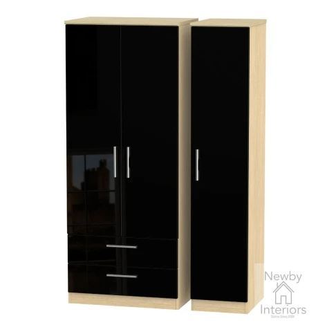 KNI141-BG-OK - Knightsbridge - 3 Door 2 Drawer Triple Tall Wardrobe - Black Gloss Front and Oak Base