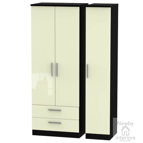 KNI141-CG-BM - Knightsbridge - 3 Door 2 Drawer Triple Tall Wardrobe - Cream Gloss Front and Black Matt Base