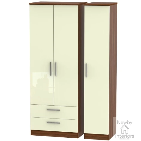 KNI141-CG-NW - Knightsbridge - 3 Door 2 Drawer Triple Tall Wardrobe - Cream Gloss Front and Noche Walnut Base