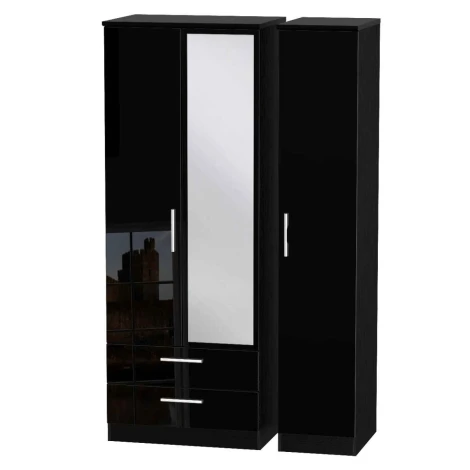 KNI142-BG-BM - Knightsbridge - 3 Door 2 Drawer Triple Tall Mirror Wardrobe - Black Gloss Front and Matt Base