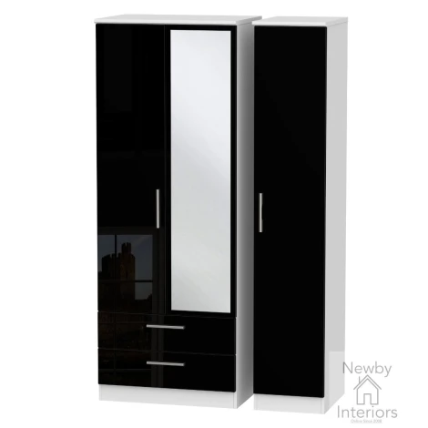 KNI142-BG-BW - Knightsbridge - 3 Door 2 Drawer Triple Tall Mirror Wardrobe - Black Gloss Front and White Base