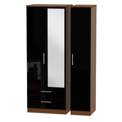 KNI142-BG-NW - Knightsbridge - 3 Door 2 Drawer Triple Tall Mirror Wardrobe - Black Gloss Front and Noche Walnut Base