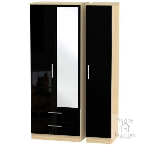KNI142-BG-OK - Knightsbridge - 3 Door 2 Drawer Triple Tall Mirror Wardrobe - Black Gloss Front and Oak Base