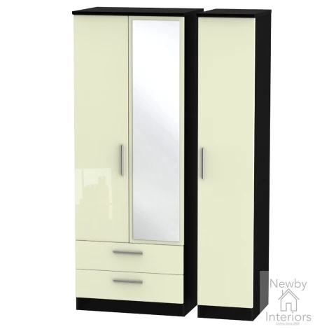KNI142-CG-BM - Knightsbridge - 3 Door 2 Drawer Triple Tall Mirror Wardrobe - Cream Gloss Front and Black Matt Base