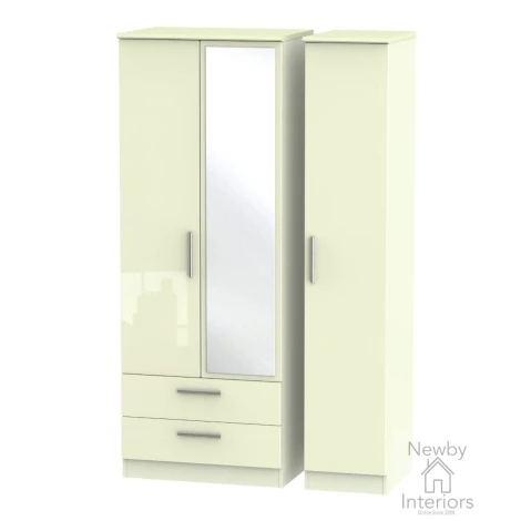 KNI142-CG-CM - Knightsbridge - 3 Door 2 Drawer Triple Tall Mirror Wardrobe - Cream Gloss Front and Matt Base
