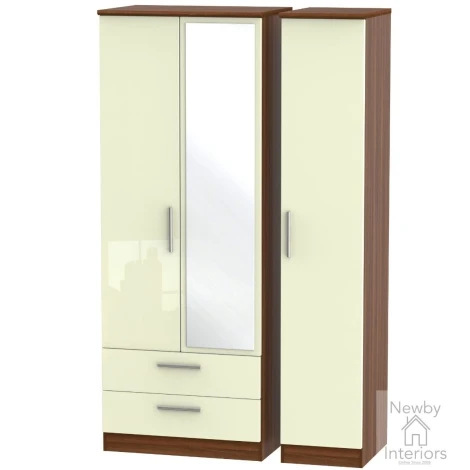 KNI142-CG-NW - Knightsbridge - 3 Door 2 Drawer Triple Tall Mirror Wardrobe - Cream Gloss Front and Noche Walnut Base
