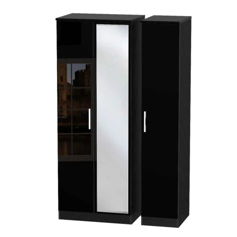 KNI147-BG-BM - Knightsbridge - 3 Door Triple Tall Mirror Wardrobe - Black Gloss Front and Matt Base