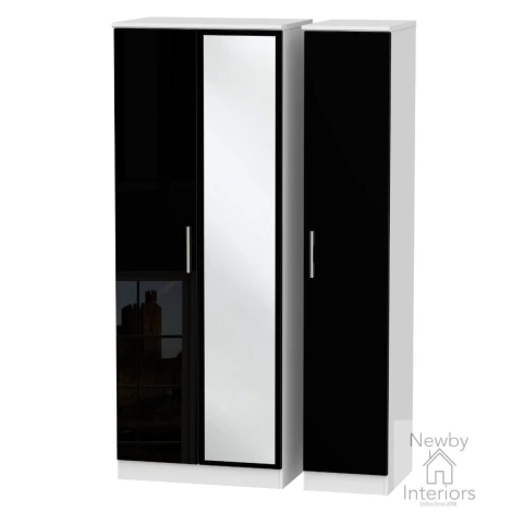 KNI147-BG-BW - Knightsbridge - 3 Door Triple Tall Mirror Wardrobe - Black Gloss Front and White Base